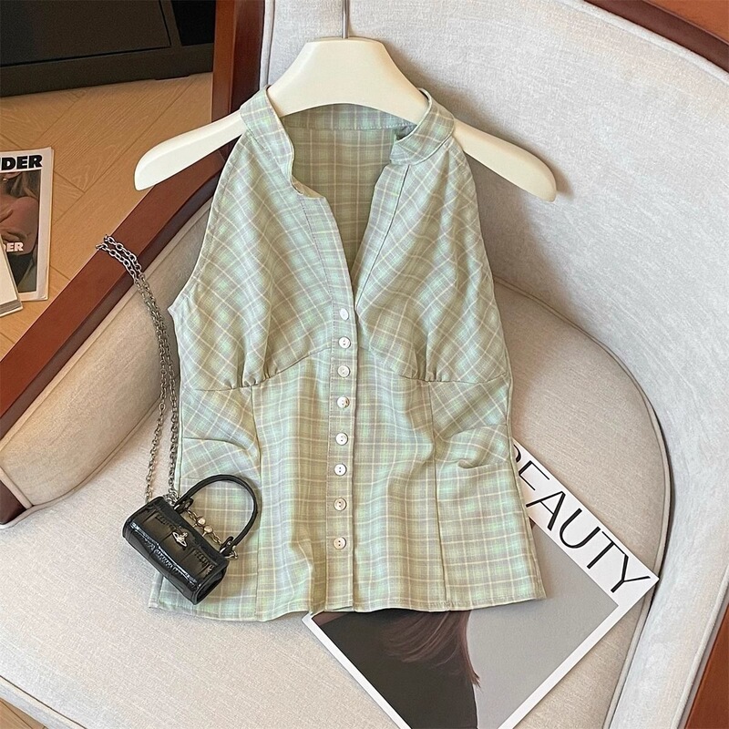 Petite Plaid Half-Open Collar Shirt for Women, New Summer Style, Single-Breasted Sleeveless Short Halter Neck Tank Top for Women Petite Plaid Half-Open Collar Shirt for Women, New Summer Style, Single-Breasted Sleeveless Short Halter Neck Tank Top for Women