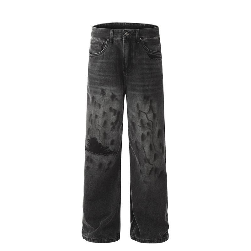Unisex High Street Distressed Whiskered Ripped Black Jeans American Style Vibe Washed Straight Leg Slightly Flared Hip Hop Floor Length Pants_mkmklike.com