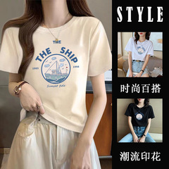 純綿半袖tシャツ女性夏韓国版新型ゆるい丸首小衆白色アニメプリント学生半袖tシャツ