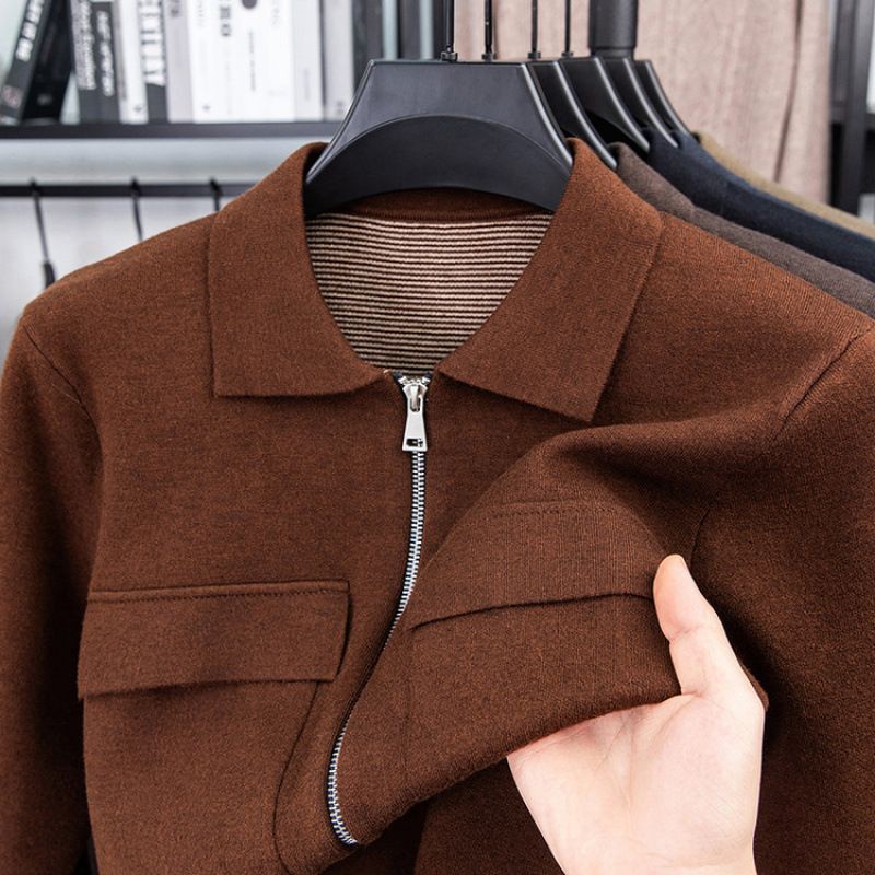 2025 Autumn/Winter Thickened Lapel Zipper Knit Cardigan for Men, Sweater Jacket, Wool Sweater, Open-front Top, Outerwear