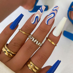 歐美ins穿戴甲甲片批髮長款藍色條紋辣妹假指甲成品穿戴式美甲貼