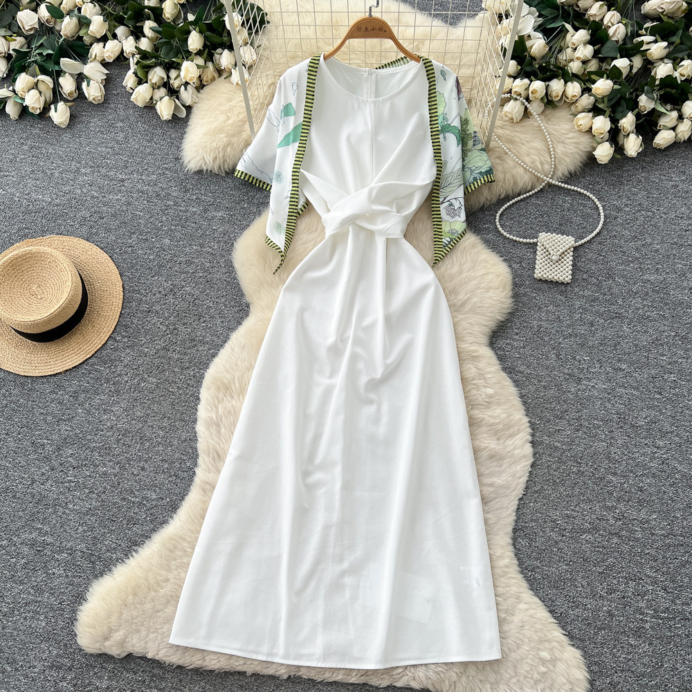 Elegant Sleeveless Round Neck Dress Style Summer Asymmetrical Long Dress With Scarf And Slit Sophisticated Tie Waist For Commuting_ecoleips.com