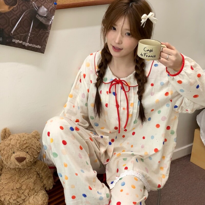 Spring and Summer Red Bow Rainbow Circle Pure Cotton Double-Layer Cotton Gauze Long-Sleeved Pajamas Breathable and Comfortable Home Clothes