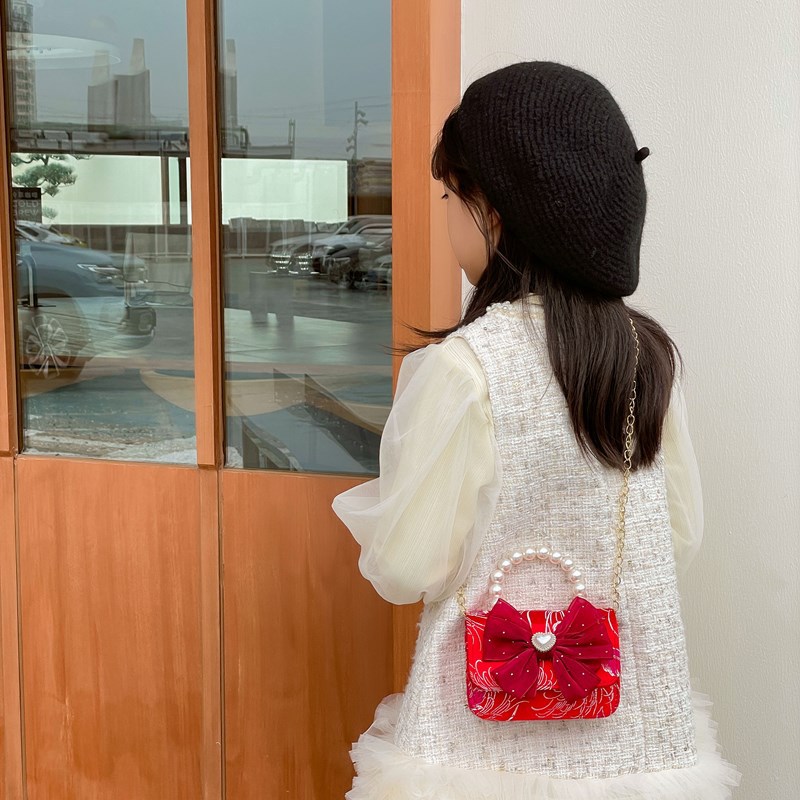 Bolsas de Año Nuevo para niños, dulces arcos, bolsas de perlas para bebés, lindas bolsas de hombro de cereza para niños y niñas