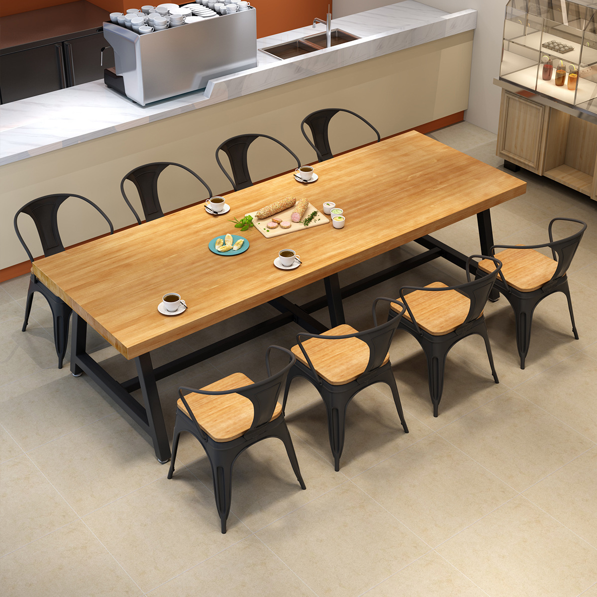 Simple solid wood wrought iron dining table and chairs