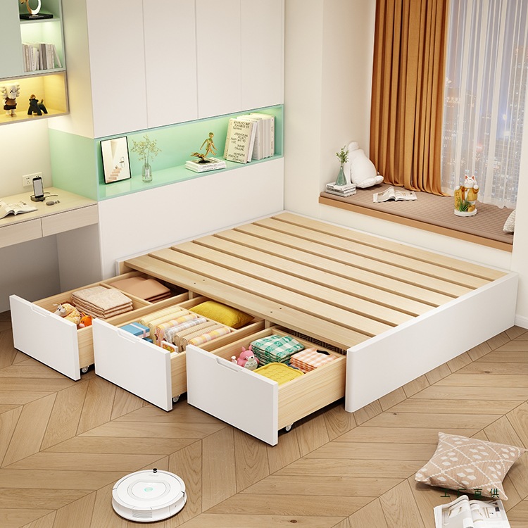 Solid Wood High Box Storage Bed Without Bedside, Drawer Storage, Row Frame Bed, Customizable Size Tatami Floor Bed