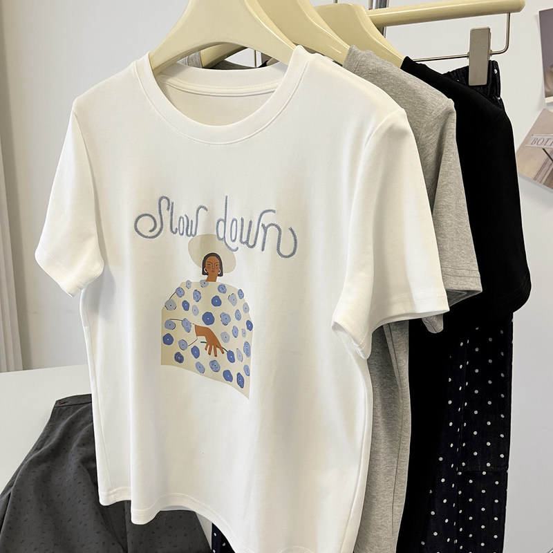"Slow Down" Korean-Style Relaxed Print, Regular Shoulder Summer Versatile White Short-Sleeve T-Shirt