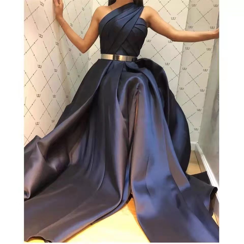 Comercio exterior de Europa y América Amazon AliExpress deseo nuevo vestido noche sexy un hombro elegante simple satén Split
