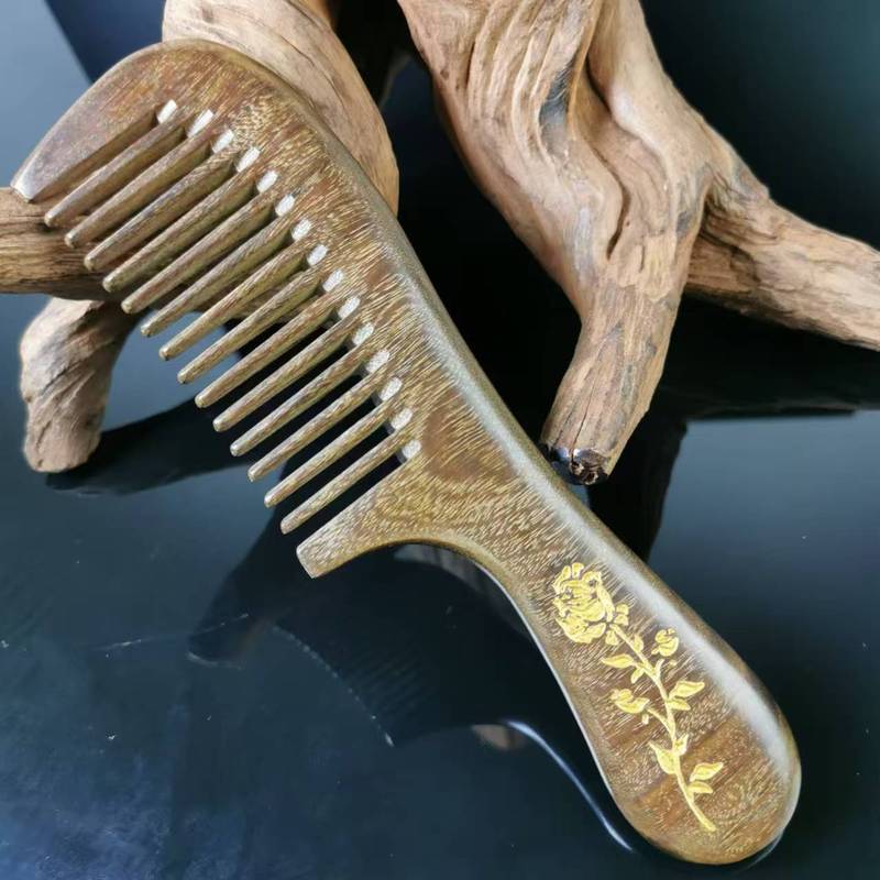 金糸檀木描金櫛彩色絵金円柄レタリングレディースロングヘア櫛ギフトプレゼントホノルル木櫛|undefined