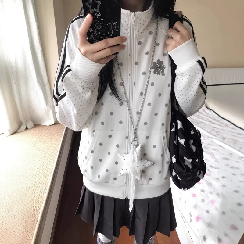 Autumn Korean-style polka dot stand-up collar loose cardigan sweatshirt for women, new versatile sports jacket, casual outerwear
