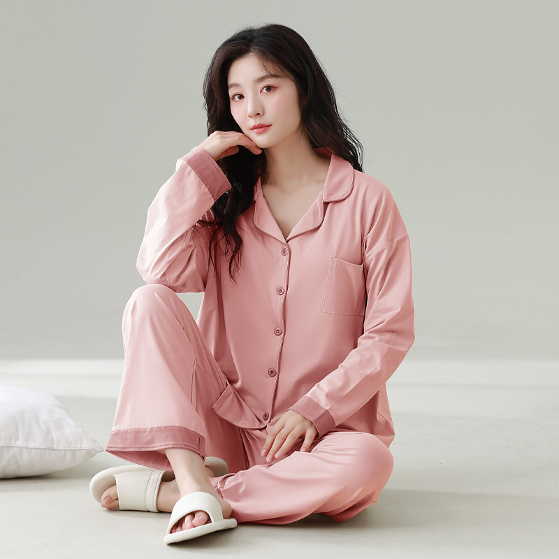 잠옷 여성의 새로운 [COOL COTTON] 긴 소매 바지 세트 옷깃 가슴 패드 솔리드 컬러 편안한 외부 착용 홈 의류 세트