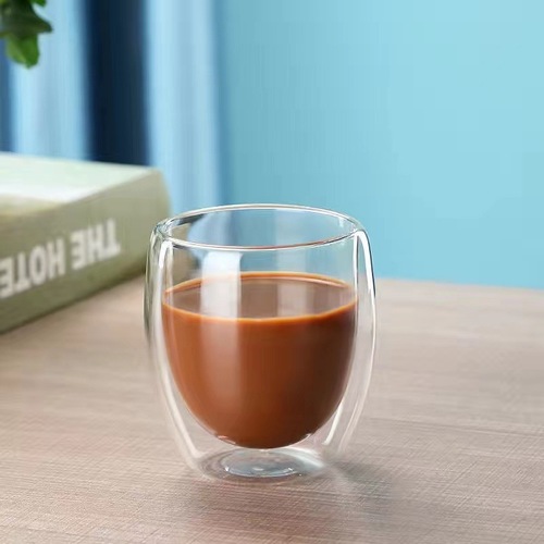 Double-layer borosilicate glass cup, high-temperature resistant, suitable for home use, juice, milk, coffee cup, round oval shape, transparent, insulated tea cup