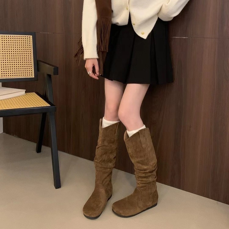 蘑糯糯同款绒面堆堆靴长筒靴女靴子2025年秋冬新季V口显瘦长靴子|undefined