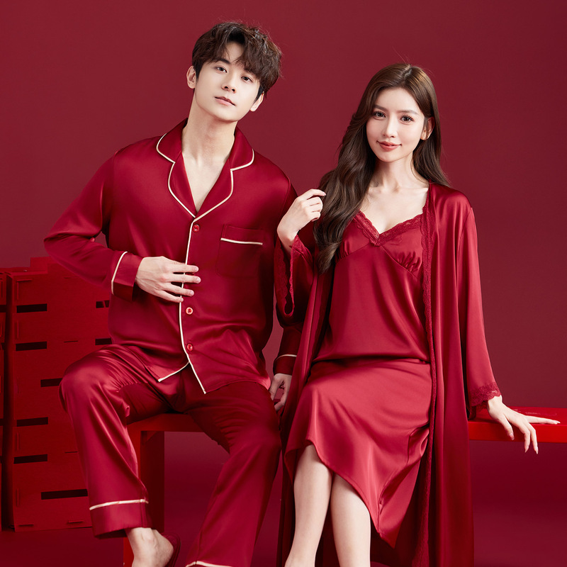 Pajamas for Couples, Newlyweds, Red Men's and Women's Ice Silk Suspender Nightgowns, Dressing Gowns, Long Animal Year Silk Suits Pajamas for Couples, Newlyweds, Red Men's and Women's Ice Silk Suspender Nightgowns, Dressing Gowns, Long Animal Year Silk Suits
