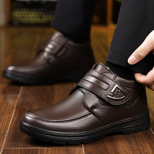 Mens Winter Warm Thicken Fleece Waterproof Non-Slip Leather Shoes for Old People Dads Real Leather Casual Cotton Shoes