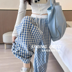 Douyin 品質チェック柄パンツ女性のための 2025 夏人気のスプライシングハイウエストルーズ痩身カジュアルワイドレッグスポーツパンツ