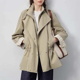 VEGA 风衣女小个子2025秋新款收腰短款袖口条纹拼接宽松外套