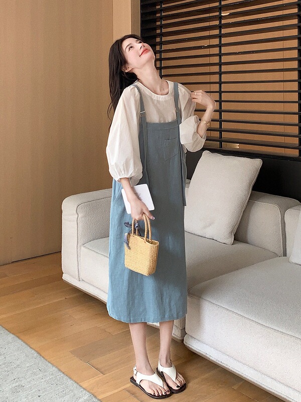 Cotton and Linen Maternity Suspender Skirt Set for Women, Summer Loose Fit, Tummy-Concealing, Slimming Casual Dress with Puff Sleeve Top, Two-Piece Set