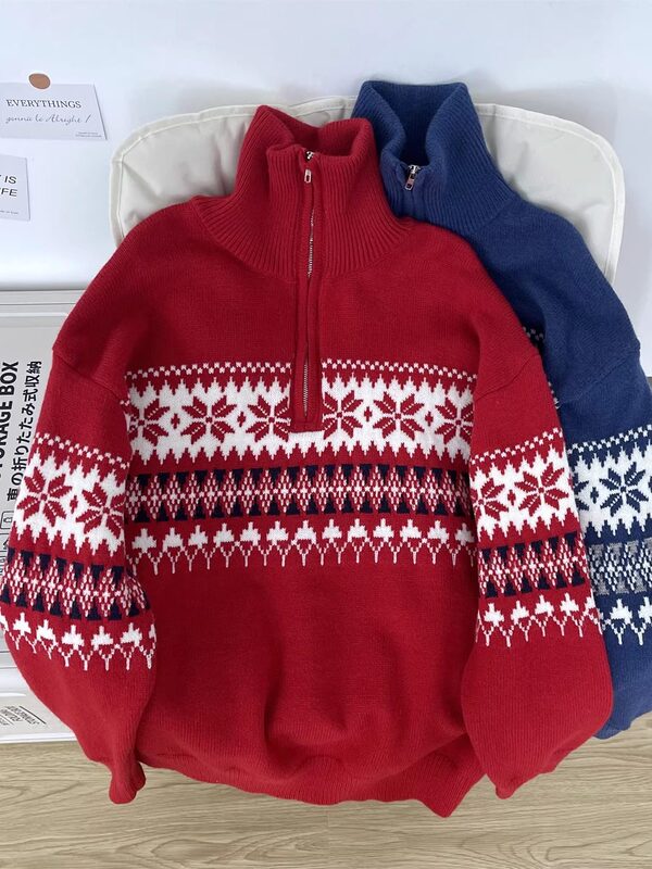 Retro Christmas and New Year Style Turtleneck Knitwear for Men, Autumn and Winter Warm Loose-Fitting Fair Isle Niche Half-Zip Sweater Retro Christmas and New Year Style Turtleneck Knitwear for Men, Autumn and Winter Warm Loose-Fitting Fair Isle Niche Half-Zip Sweater
