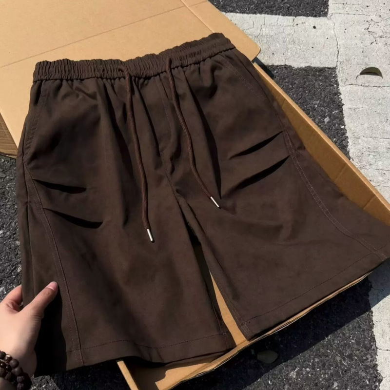 Brown American Retro Shorts for Boys, New Summer Style, Loose Wide-Leg Pleated Dark Pattern Vintage Style Casual Pants