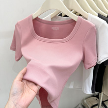 粉色短袖T恤女装夏季2024新款法式方领半袖体恤修身紧身短款上衣
