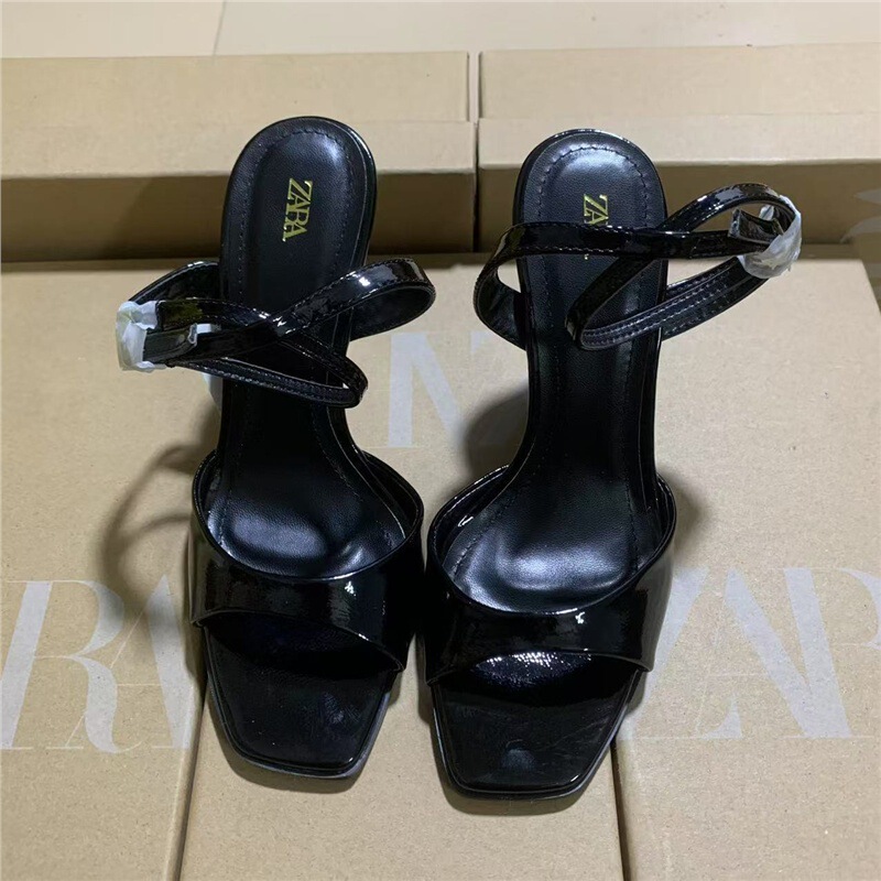 Za2025 Autum New Women's Shoes Black Ankle Strap High Heels Feminine One-Line Buckle Strap Open-Toe Sandals for Women