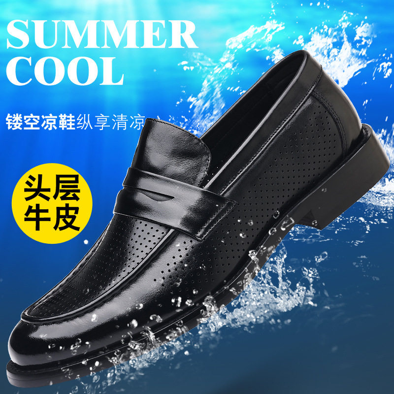 Sandal nam da bò lớp đầu khoét lỗ thoáng khí, đế bằng gỗ tự nhiên, kiểu lười — Sandal màu nâu, Sandal đen