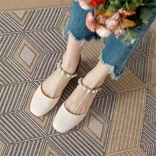 Strap-Heeled Sandals with Chunky Block Heels, Pointed Toe Design, Pearl-Trimmed Roman Style for Women—2025 Collection, Delicate Mid-Calf Length