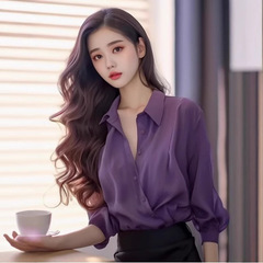 2025年新型高級感洋風高貴シャツ独特のユニークな学院風紫シャツ上着女性春