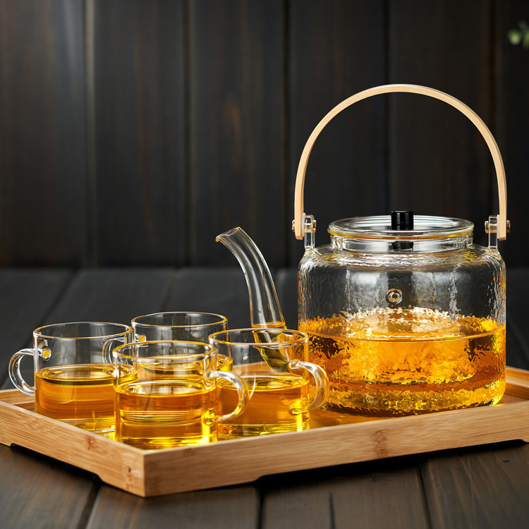 日式茶壶高硼硅玻璃锤纹两用蒸煮茶壶 玻璃蒸茶壶提梁玻璃煮茶壶