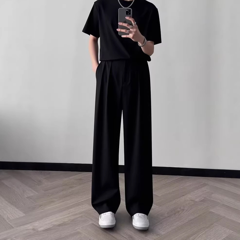 Spring and Autumn Korean Style High Street Flowy Dress Pants Men's Straight Leg Loose Hong Kong Style Fashion Casual Suit Trousers Floor-Length Pants Trendy and Versatile