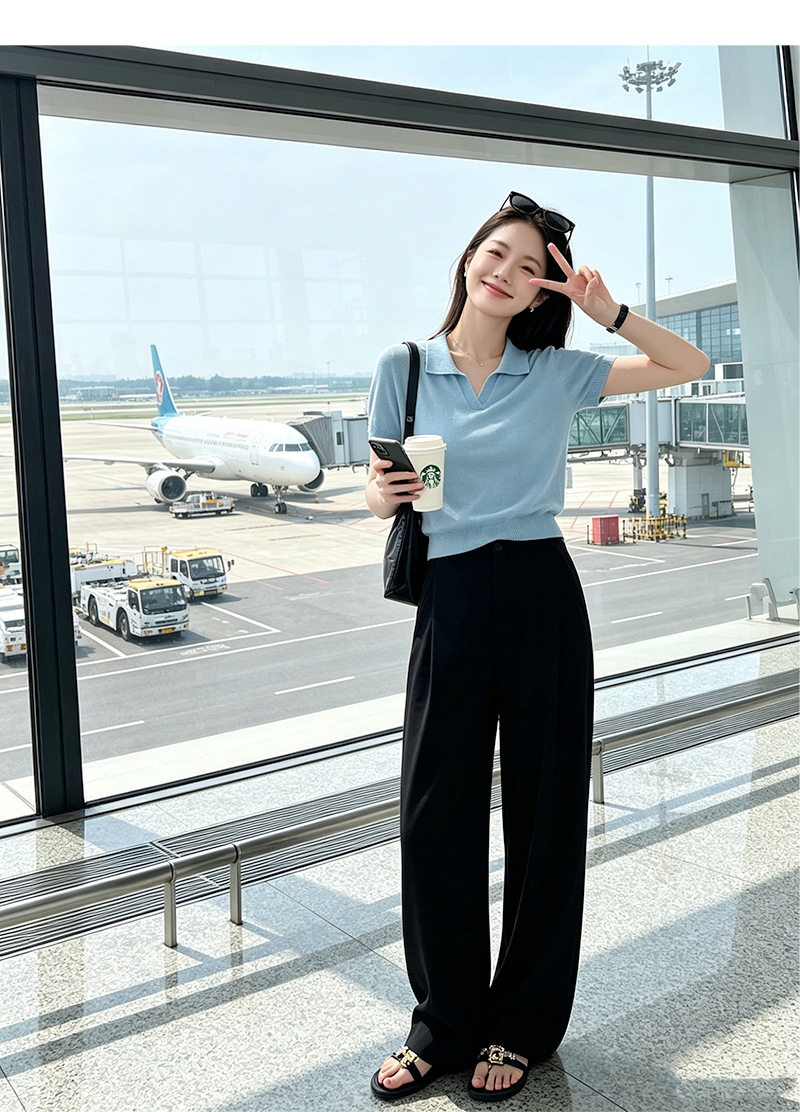 Quần tây nữ ống đứng cạp cao dáng suông, chất liệu mát lạnh chống nhăn — Cảm giác mát mẻ thả xuống chống nhăn - màu xanh đen