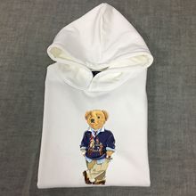 日韩新款休闲纯棉帽衫PO插兜熊印花卫衣长袖帽衫情侣卫衣连帽卫衣