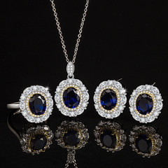 銅底鍍金歐美風仿真彩寶藍尖晶橢圓吊墜戒指耳釘滿鑽豪鑲女式套裝