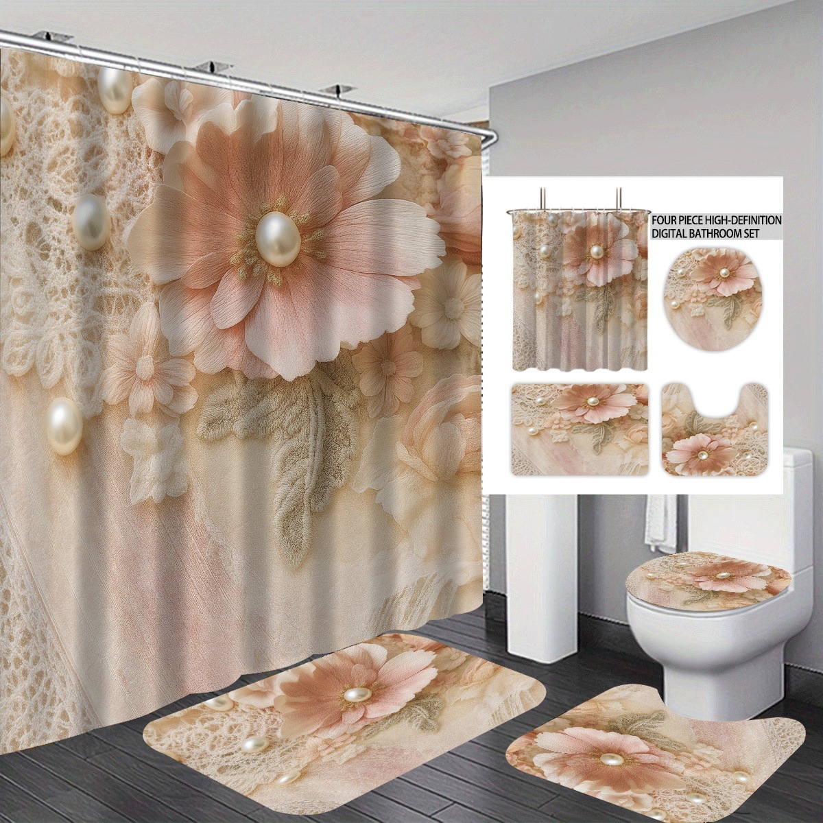 Agente de poliéster Mei Ke más cortina de baño impermeable serie de agua floral 3D impresión digital cortina de baño cuatro piezas alfombra absorbente