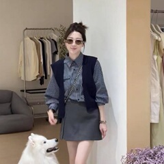 欧货2025秋新款设计款披肩格子长袖衬衫两件套女时尚减龄百搭上衣