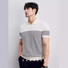 夏季休闲商务绅士黑白条纹T恤POLO领设计感百搭短袖男潮经典设计