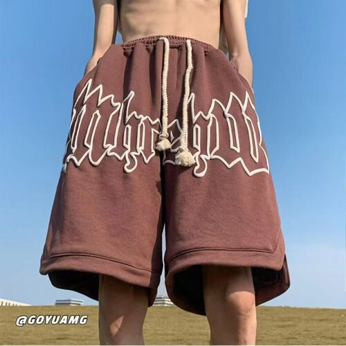 Vintage American Street Print Athletic Shorts Men's Trendy Loose Summer Basketball Pants with Drawstring Casual Five-Pocket Pants