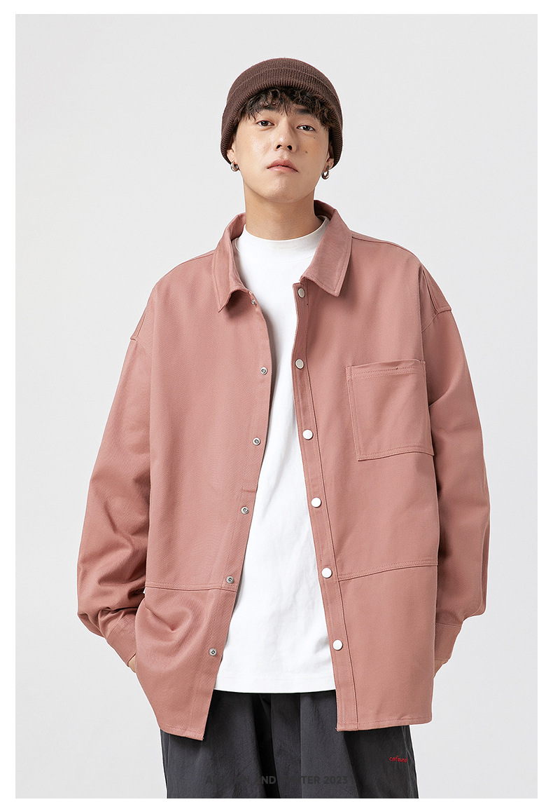 Minimalist solid color pocket long sleeved shirt 2024 new product washed cotton button jacket for men_voghion.com