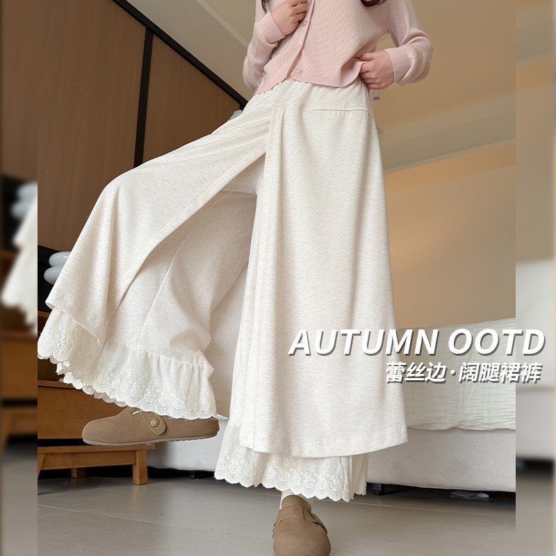 Lace-trimmed wide-leg pants for women, 2026 spring and autumn new style, high-waisted, hip-covering, slimming, comfortable, with a unique patchwork design