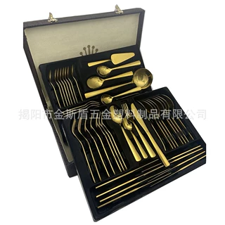 厂家定制24件套金色餐具套装木盒蔓藤花皇冠72件套刀叉勺牛排刀