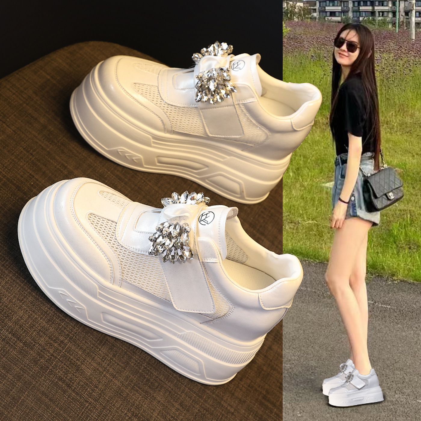 Giày sneaker nữ đế dày tăng chiều cao, mặt lưới thoáng khí, đính đá rhinestone — màu trắng