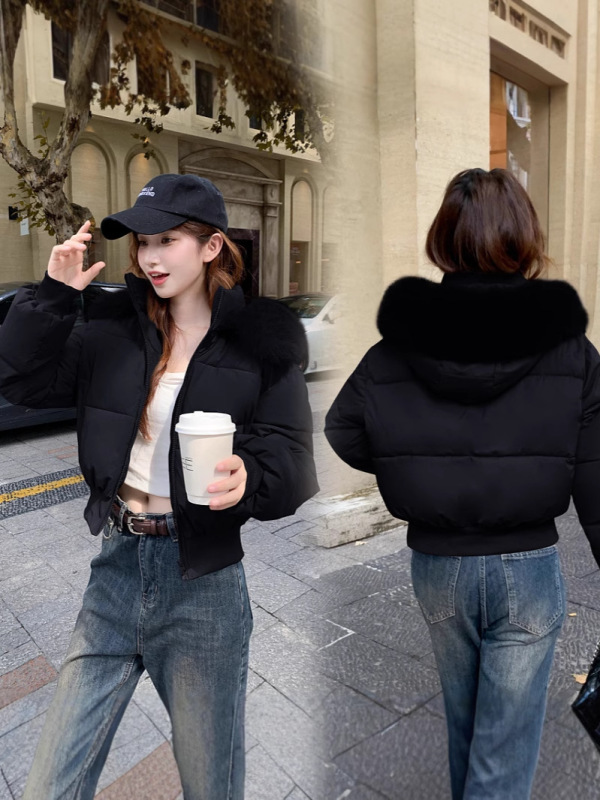 2025冬季新款宽松显瘦毛领连帽短款羽绒棉服女收腰加厚棉衣外套|undefined