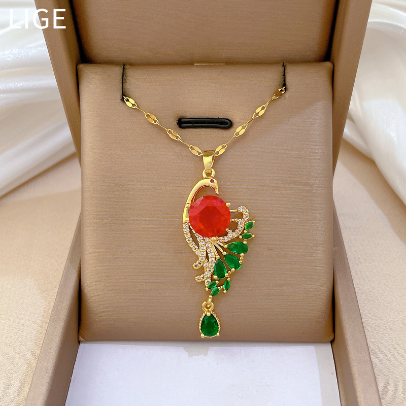 【钛钢】轻奢微镶真金孔雀开屏项链女新款锁骨链轻奢小众设计感详情7