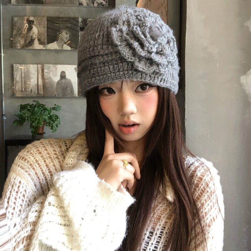秋冬文艺百搭毛线帽亮片钩花帽子女复古氛围感花朵针织套头帽|undefined