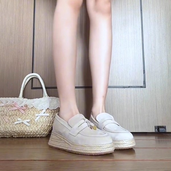 牛皮版~真皮复古厚底草编内增高6cm乐福鞋女渔夫鞋一脚蹬懒人单鞋|undefined