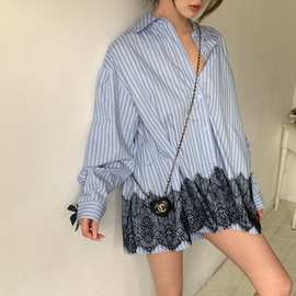 韩国chic春秋季新款韩版甜美条纹蝴蝶结蕾丝拼接重长袖衬衫女上衣