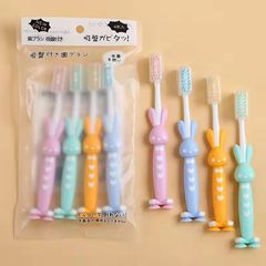 Macaron Bear and Rabbit Cartoon Soft Hair Children's Toothbrush Small Head with Protective Cover and Suction Cup, 4-Piece Set Baby Toothbrush