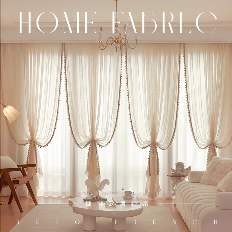 New French Antique Cream Color Wool Yarn Living Room Bedroom Balcony Bay Window Cream Wind Linen Double Gauze Curtain