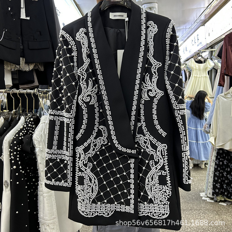European and American British Style Long Jacket 2025 Spring and Summer New V-Neck Heavy Industry Beaded and Diamond High-grade Suit Top